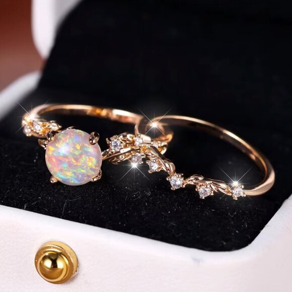 NEW 14k Gold Opal Diamond Ring Band Set of 2 Rings - Picture 3 of 6